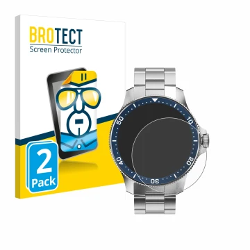 Front side of a product packaging with the brand logo BROTECT. Next to it is the device Withings ScanWatch Horizon (43 mm) sho