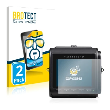 Front side of a product packaging with the brand logo BROTECT. Next to it is the device Hasselblad 907X 50C shown with the cor