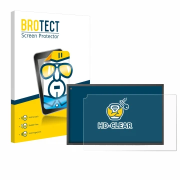 Front side of a product packaging with the brand logo BROTECT. Next to it is the device Amazon Echo Show 15 shown with the cor