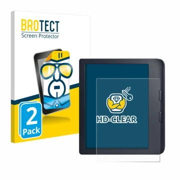 Front side of a product packaging with the brand logo BROTECT. Next to it is the device Kobo Libra 2 shown with the correspond