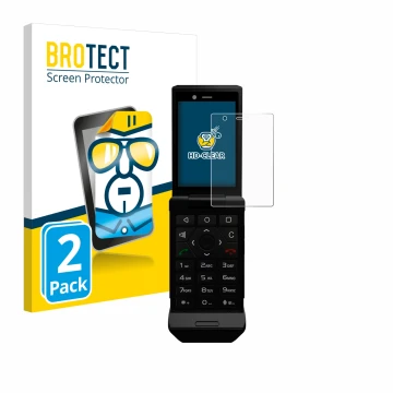Front side of a product packaging with the brand logo BROTECT. Next to it is the device Caterpillar Cat S22 Flip shown with th