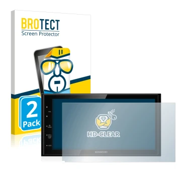 Front side of a product packaging with the brand logo BROTECT. Next to it is the device Kenwood DMX5020DABS shown with the cor