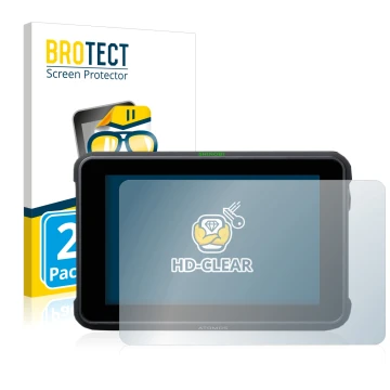Front side of a product packaging with the brand logo BROTECT. Next to it is the device Atomos Shinobi 7 shown with the corres