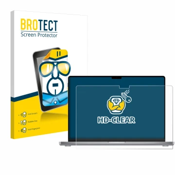 Front side of a product packaging with the brand logo BROTECT. Next to it is the device Apple MacBook Pro 16