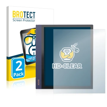 Front side of a product packaging with the brand logo BROTECT. Next to it is the device Boox Note Air 2 shown with the corresp