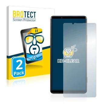 Front side of a product packaging with the brand logo BROTECT. Next to it is the device Sony Xperia Pro-I shown with the corre