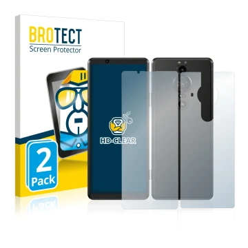Front side of a product packaging with the brand logo BROTECT. Next to it is the device Sony Xperia Pro-I (Front+Back) shown w