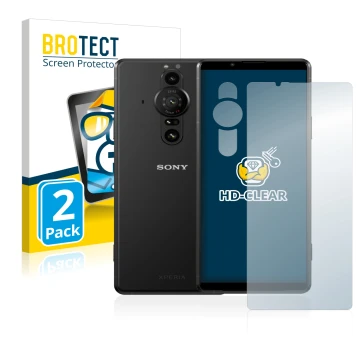 Front side of a product packaging with the brand logo BROTECT. Next to it is the device Sony Xperia Pro-I (Front+Camera) shown