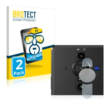 Front side of a product packaging with the brand logo BROTECT. Next to it is the device Sony Xperia Pro-I (ONLY Camera Lens) s