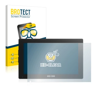 Front side of a product packaging with the brand logo BROTECT. Next to it is the device Isobus CCI 1200 shown with the corresp