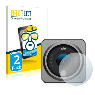Front side of a product packaging with the brand logo BROTECT. Next to it is the device DJI Action 2 Lens (housing) shown with