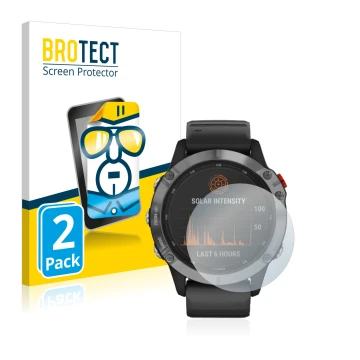 Front side of a product packaging with the brand logo BROTECT. Next to it is the device Garmin Fenix 6 Solar shown with the co