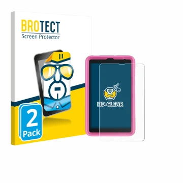 Front side of a product packaging with the brand logo BROTECT. Next to it is the device Blackview Tab 6 Kids shown with the co