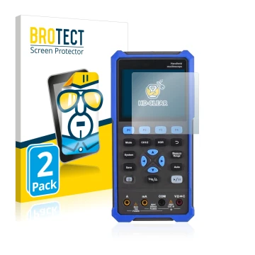 Front side of a product packaging with the brand logo BROTECT. Next to it is the device Owon HDS 200 Series shown with the cor