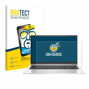 Front side of a product packaging with the brand logo BROTECT. Next to it is the device HP EliteBook 850 G7 shown with the cor