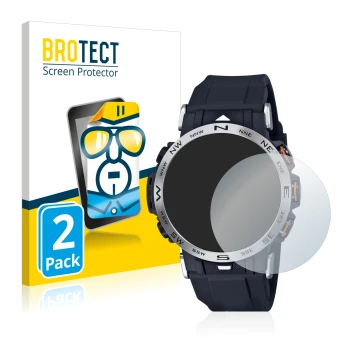 Front side of a product packaging with the brand logo BROTECT. Next to it is the device Casio Pro Trek PRW-30-1AER shown with 