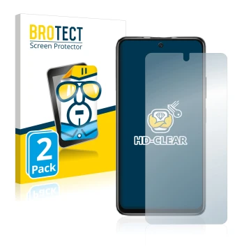 Front side of a product packaging with the brand logo BROTECT. Next to it is the device Xiaomi Poco M4 Pro 5G shown with the c