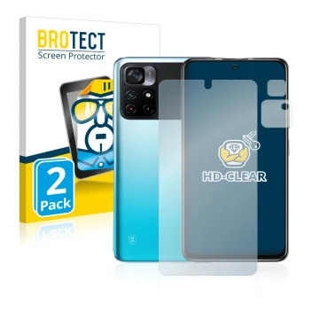 Front side of a product packaging with the brand logo BROTECT. Next to it is the device Xiaomi Poco M4 Pro 5G (Front+Camera) s