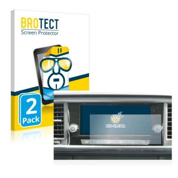 Front side of a product packaging with the brand logo BROTECT. Next to it is the device Seat Ateca 2021 Media System 8.25