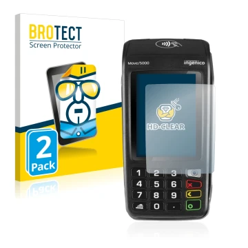 Front side of a product packaging with the brand logo BROTECT. Next to it is the device ingenico Move 5000 shown with the corr