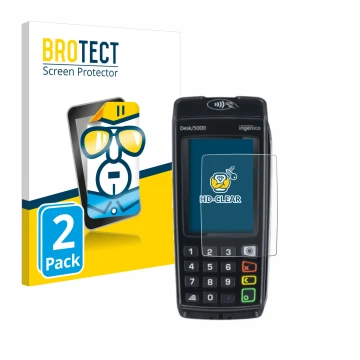 Front side of a product packaging with the brand logo BROTECT. Next to it is the device ingenico Desk/5000 shown with the corr