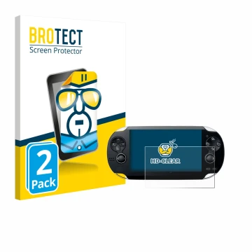 Front side of a product packaging with the brand logo BROTECT. Next to it is the device Sony Playstation PS Vita shown with th