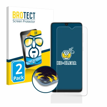 Front side of a product packaging with the brand logo BROTECT. Next to it is the device Samsung Galaxy A03 shown with the corr