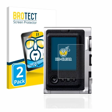 Front side of a product packaging with the brand logo BROTECT. Next to it is the device Fujifilm Instax Mini Evo shown with th