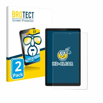 Front side of a product packaging with the brand logo BROTECT. Next to it is the device Lenovo Tab TB-X306F shown with the cor