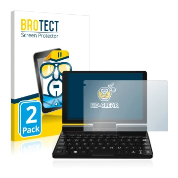 Front side of a product packaging with the brand logo BROTECT. Next to it is the device GPD Pocket 3 shown with the correspond