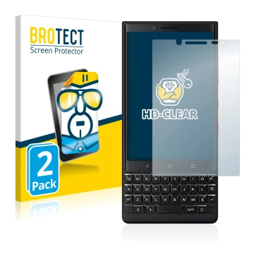 Front side of a product packaging with the brand logo BROTECT. Next to it is the device BlackBerry Key2 (Dual Sim) shown with 