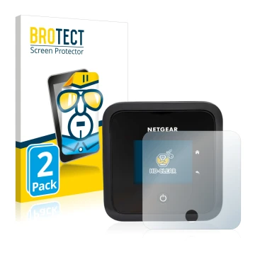 Front side of a product packaging with the brand logo BROTECT. Next to it is the device Netgear Nighthawk M5 shown with the co