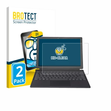 Front side of a product packaging with the brand logo BROTECT. Next to it is the device Wortmann Terra Pad 1262 shown with the