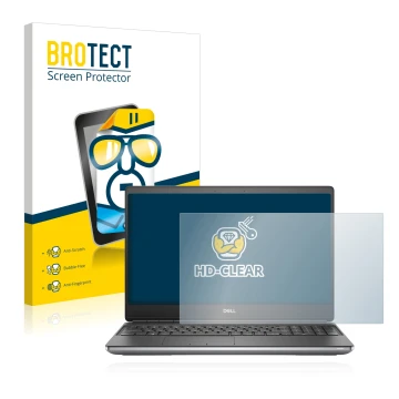 Front side of a product packaging with the brand logo BROTECT. Next to it is the device Dell Precision 7560 shown with the cor