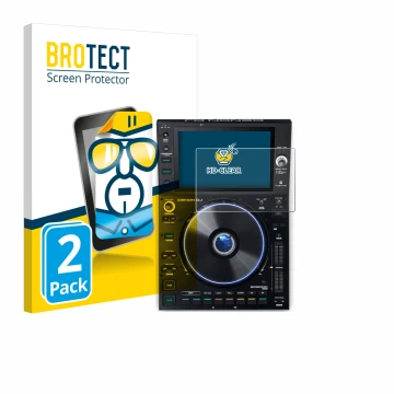 Front side of a product packaging with the brand logo BROTECT. Next to it is the device Denon DJ SC6000 Prime shown with the c