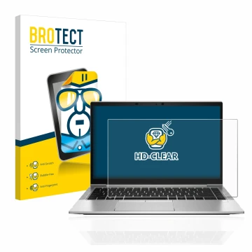 Front side of a product packaging with the brand logo BROTECT. Next to it is the device HP EliteBook 840 G8 shown with the cor