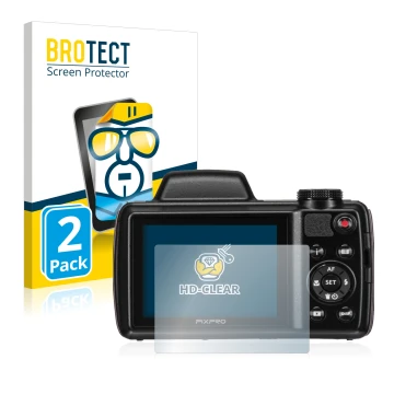 Front side of a product packaging with the brand logo BROTECT. Next to it is the device Kodak Pixpro AZ525 shown with the corr