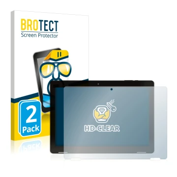 Front side of a product packaging with the brand logo BROTECT. Next to it is the device Hannspree Pad Apollo 2 shown with the 