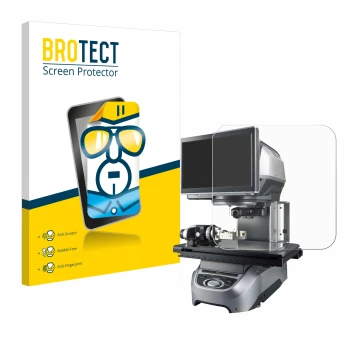 Front side of a product packaging with the brand logo BROTECT. Next to it is the device Keyence IM-7020 Glass plate shown with