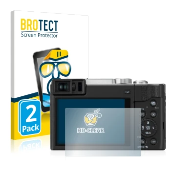 Front side of a product packaging with the brand logo BROTECT. Next to it is the device Panasonic Lumix DC-TZ95 shown with the