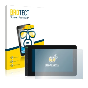 Front side of a product packaging with the brand logo BROTECT. Next to it is the device Huion Kamvas 12 shown with the corresp