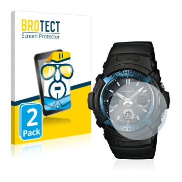 Front side of a product packaging with the brand logo BROTECT. Next to it is the device Casio AWG M100 shown with the correspo