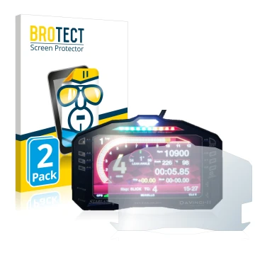Front side of a product packaging with the brand logo BROTECT. Next to it is the device Starlane DaVinci-II S shown with the c