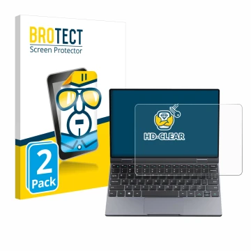 Front side of a product packaging with the brand logo BROTECT. Next to it is the device Chuwi MiniBook X shown with the corres