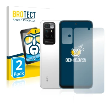 Front side of a product packaging with the brand logo BROTECT. Next to it is the device Xiaomi Redmi 10 (Front+Camera) shown w