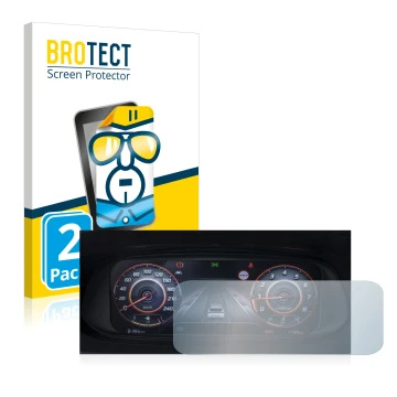 Front side of a product packaging with the brand logo BROTECT. Next to it is the device Hyundai i20N 2021 Cockpit shown with t