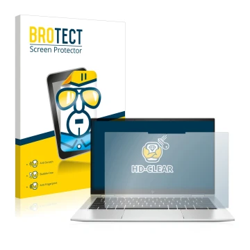 Front side of a product packaging with the brand logo BROTECT. Next to it is the device HP EliteBook x360 1030 G8 shown with t
