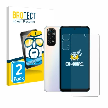 Front side of a product packaging with the brand logo BROTECT. Next to it is the device Xiaomi Redmi Note 11S (Front+Camera) s