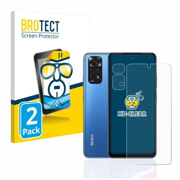 Front side of a product packaging with the brand logo BROTECT. Next to it is the device Xiaomi Redmi Note 11 (Front+Camera) sh