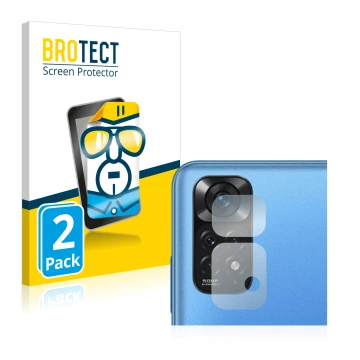 Front side of a product packaging with the brand logo BROTECT. Next to it is the device Xiaomi Redmi Note 11 (ONLY Camera Lens